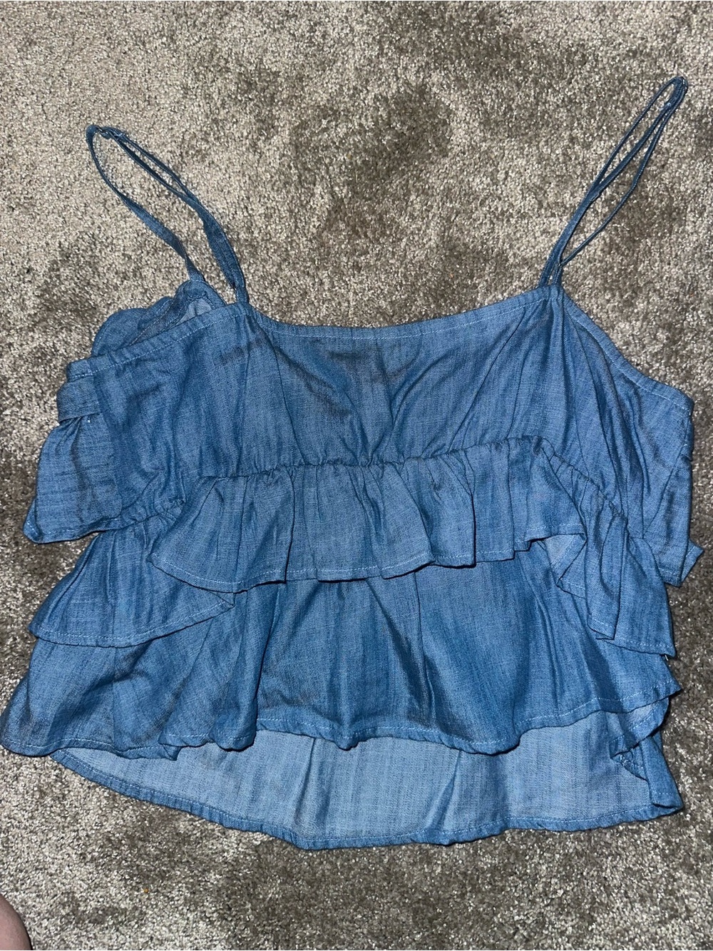 Express Ruffled Blue Denim-Look Top - Picture 2 of 3